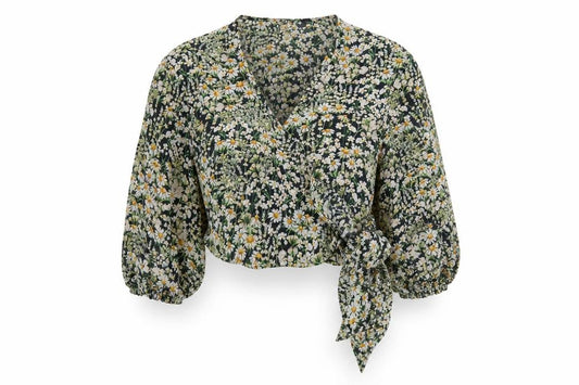 Front view of H&M women’s multicoloured floral viscose cropped blouse, size XS, v-neck