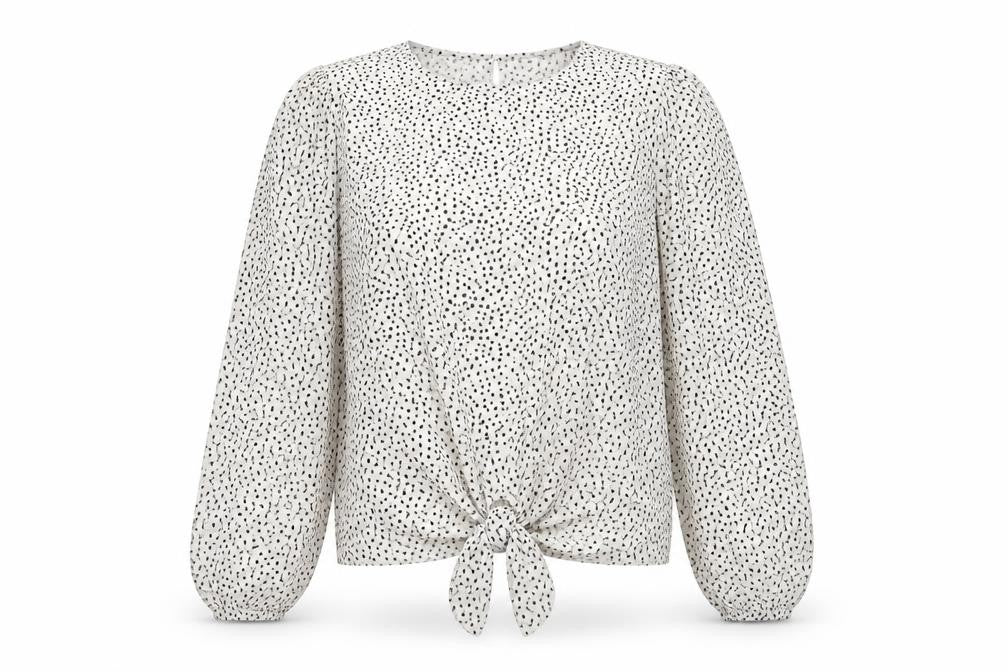 Front view of Primark women’s white polka dot viscose basic blouse, size UK 14, round neck