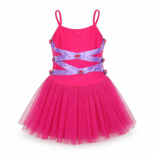 Front view of Dancing Daisy girls’ pink polyester tutu dress, size 12, months square neck pullover - bodysuit roses