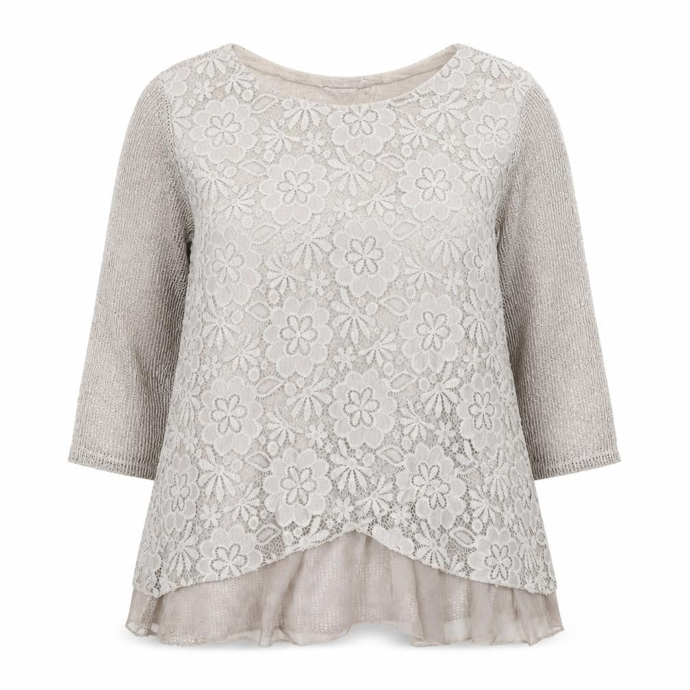 Alexara Womens Ivory Floral Viscose Basic Blouse Size S Boat Neck - Lace Overlay