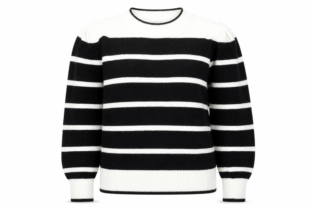 Front view of Next women’s black round neck striped acrylic jumper, size L