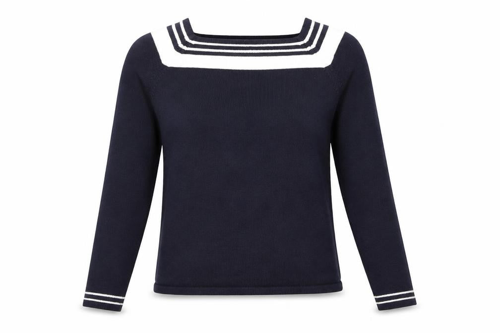 Front view of Berkertex women’s black square neck striped acrylic jumper, size UK 10