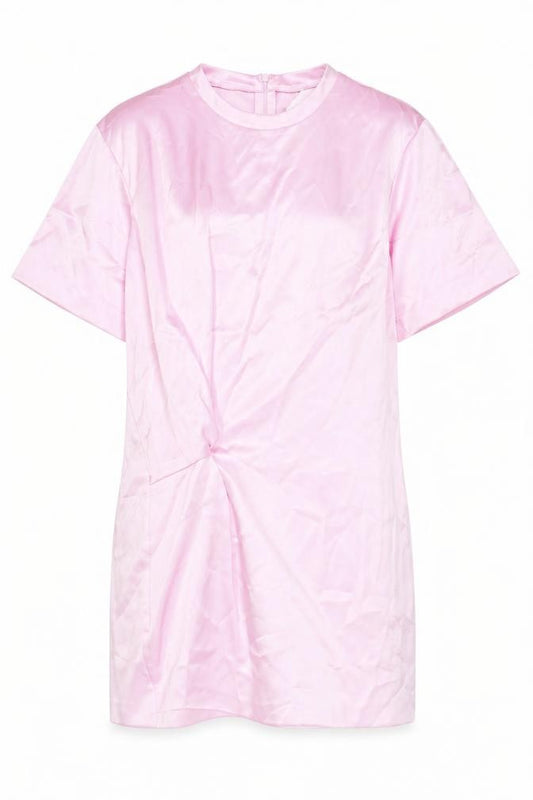 Front view of Zara women’s pink polyester shift, size S, round neck pullover - knotted