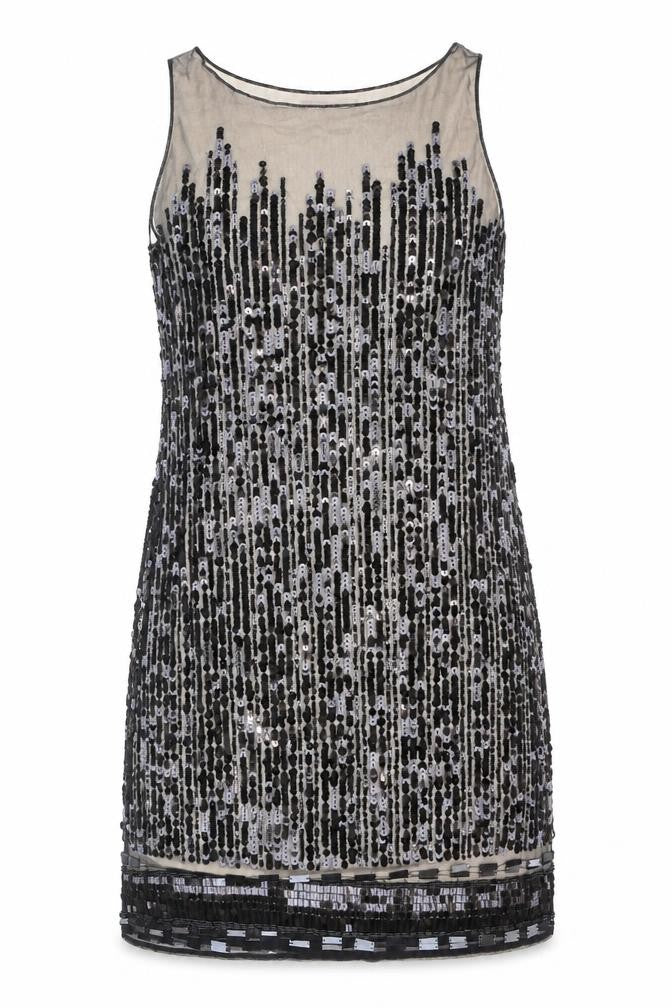 Front view of Monsoon women’s black nylon sheath, size UK 10, round neck pullover