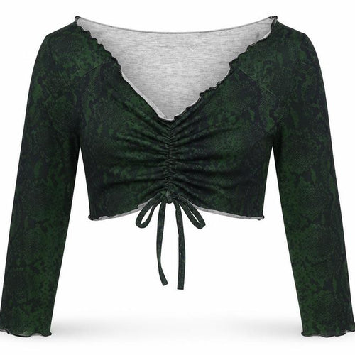Boohoo Womens Green Animal Print Viscose Cropped Blouse Size 12 V-Neck - Snake Skin Print