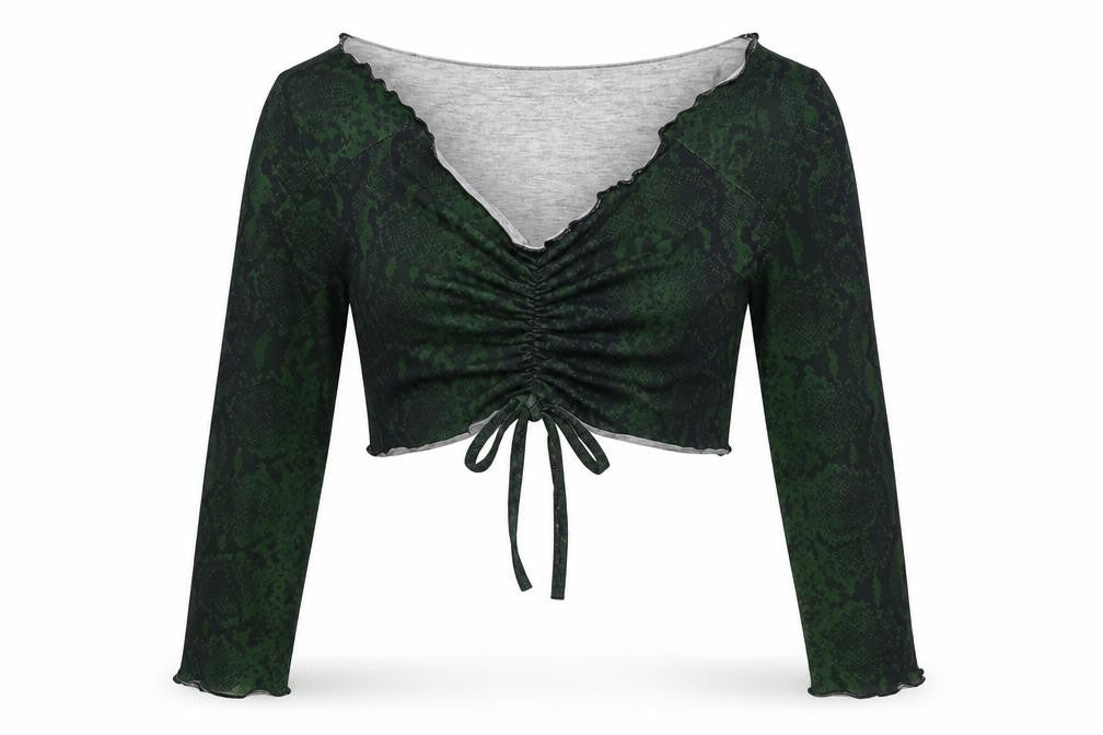 Boohoo Womens Green Animal Print Viscose Cropped Blouse Size 12 V-Neck - Snake Skin Print