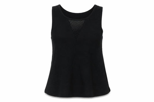 Front view of Boohoo women’s black polyester basic tank, size UK 10, scoop neck