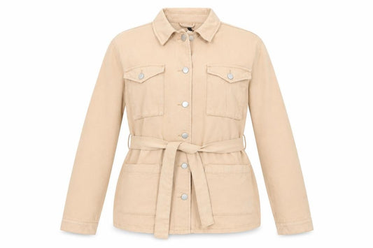 Front view of Boohoo women’s beige cotton basic button-up, size UK 12, collared