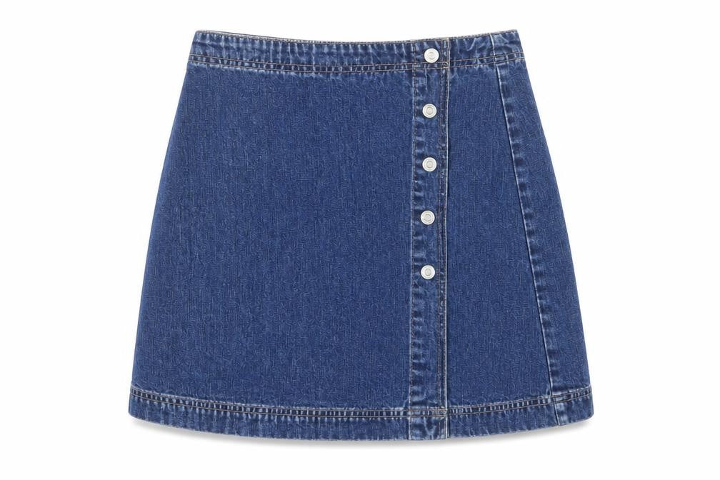 Front view of Gap women’s blue cotton a-line skirt, size UK 26, in button