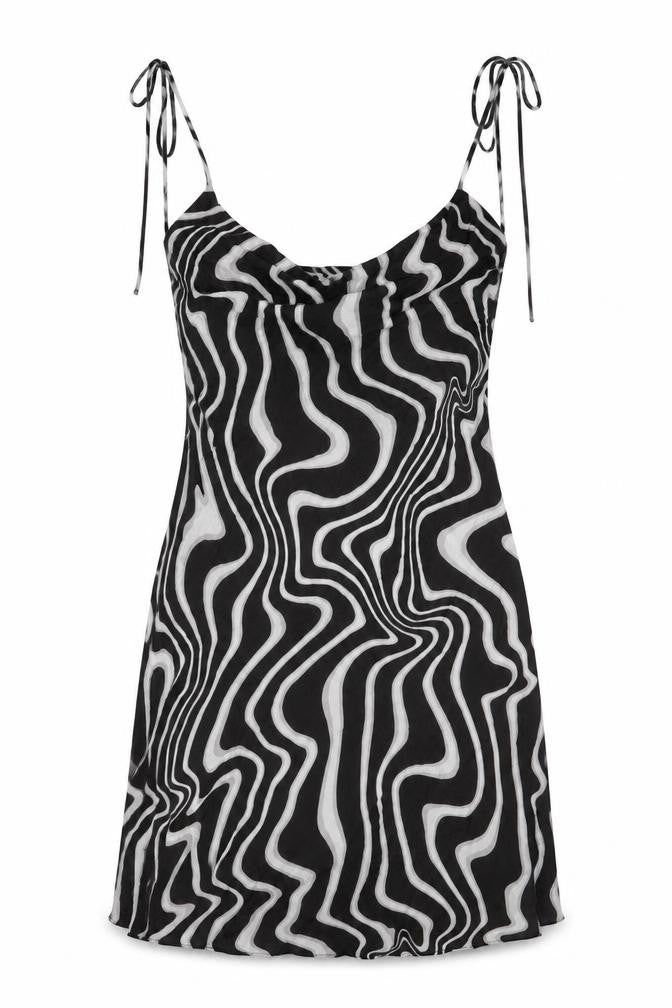 Zara Womens Black Geometric Viscose Mini Size XS Off the Shoulder Tie - Swirl Pattern
