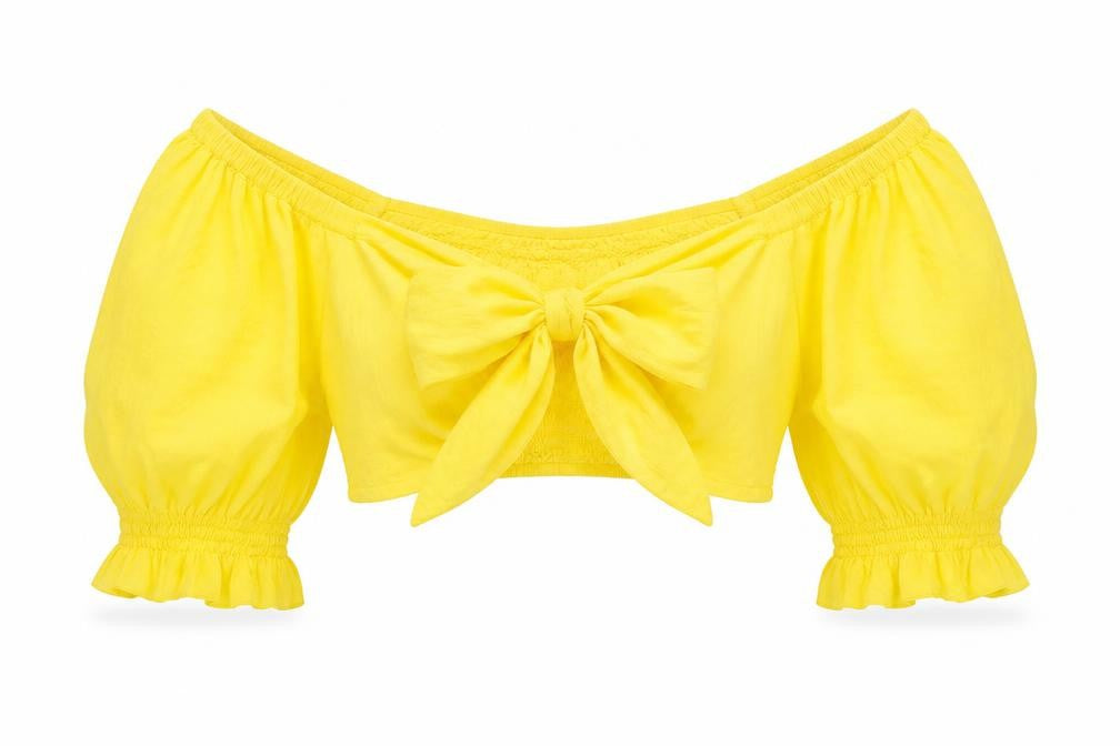 Front view of Boohoo women’s yellow 100% cotton basic blouse, size UK 10, v-neck