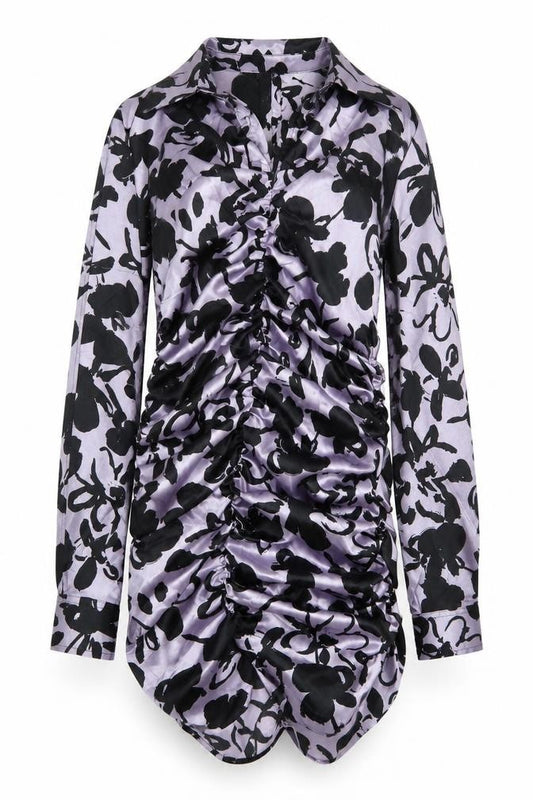Front view of Zara women’s purple floral polyester mini, size S, collared button