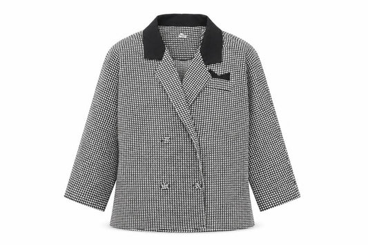 Front view of Preworn women’s black geometric jacket blazer, size UK 14, button