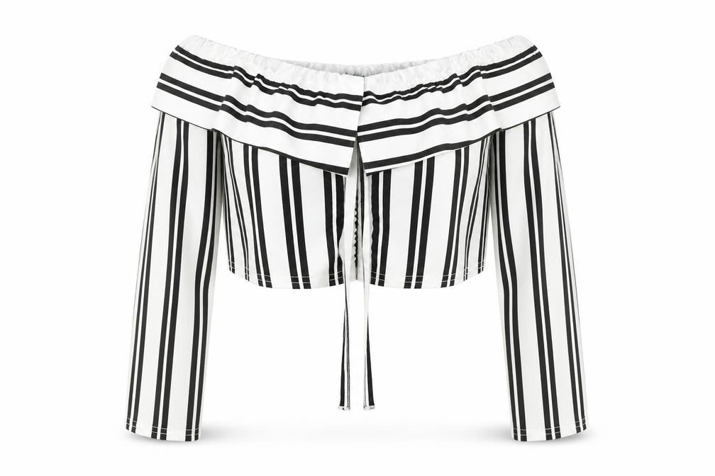 Front view of Cameo Rose women’s white striped polyester cropped blouse, size UK 14, off the shoulder