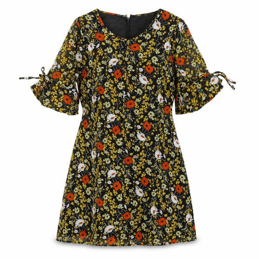 Front view of POP women’s black floral polyester a-line, size UK 2, boat neck zip
