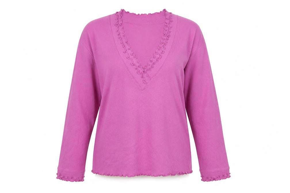 Front view of Emereco women’s purple v-neck polyester jumper, size UK 14