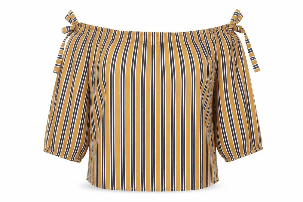 Front view of Papaya women’s multicoloured striped viscose basic blouse, size UK 14, off the shoulder