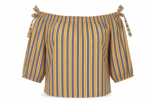 Front view of Papaya women’s multicoloured striped viscose basic blouse, size UK 14, off the shoulder