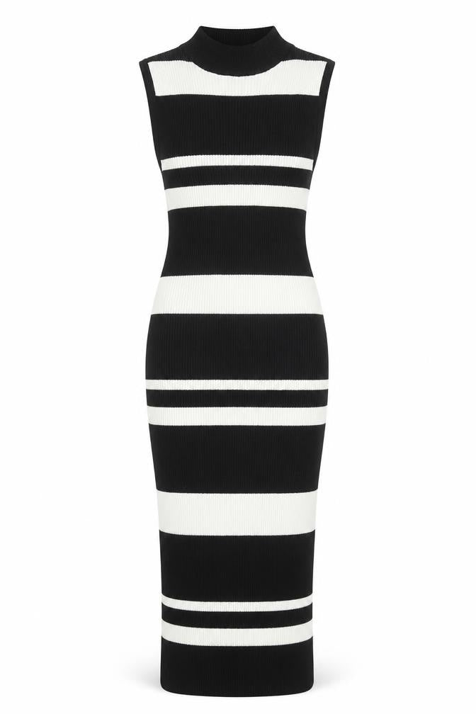 Front view of LU NYC women’s black striped viscose bodycon, size S, mock neck pullover