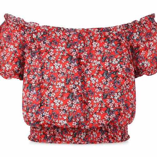 Oasis Womens Red Floral Viscose Cropped Blouse Size 8 Off the Shoulder