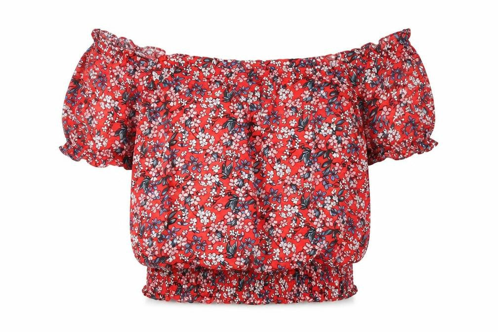 Oasis Womens Red Floral Viscose Cropped Blouse Size 8 Off the Shoulder