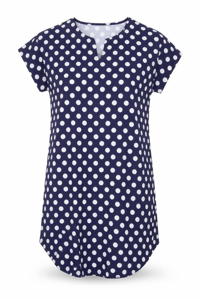 Front view of SHEIN women’s blue polka dot polyester sheath, size S, v-neck pullover
