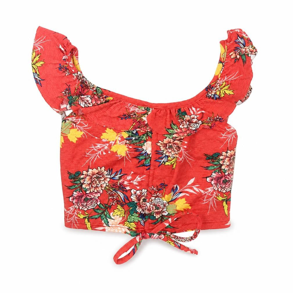 MRP Womens Red Floral Polyester Cropped Tank Size XS Scoop Neck - Ruched