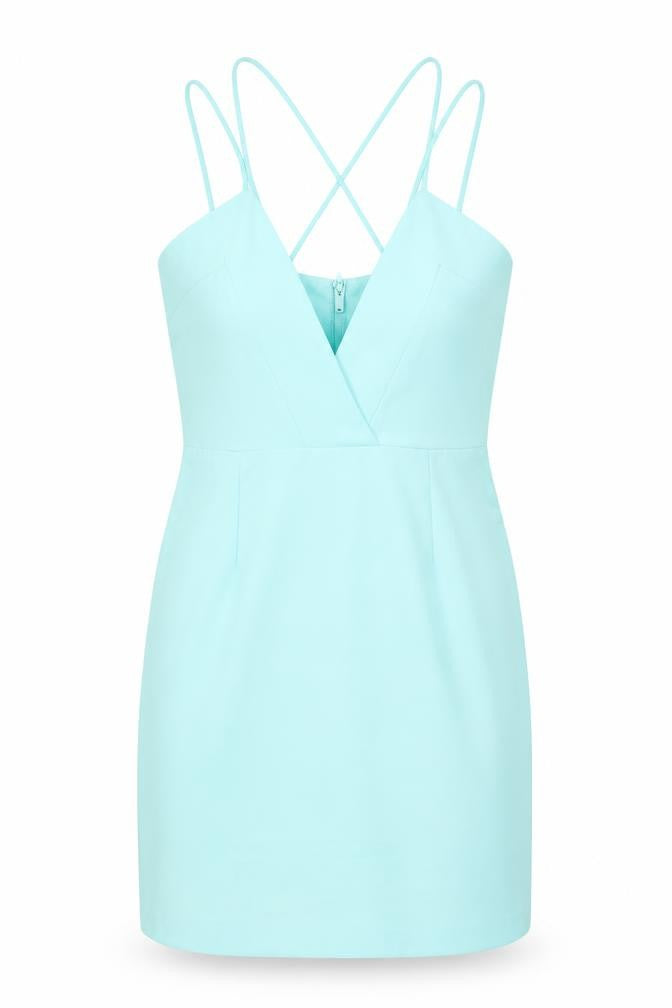 Front view of AQ/AQ women’s blue polyester mini, size UK 10, v-neck zip