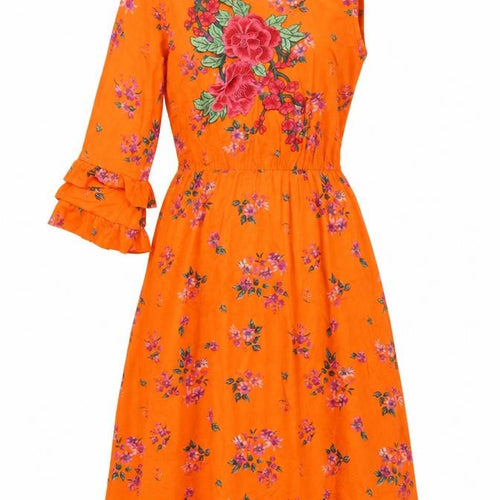 ASOS Womens Orange Floral Viscose A-Line Size 10 One Shoulder Pullover - One Sleeve