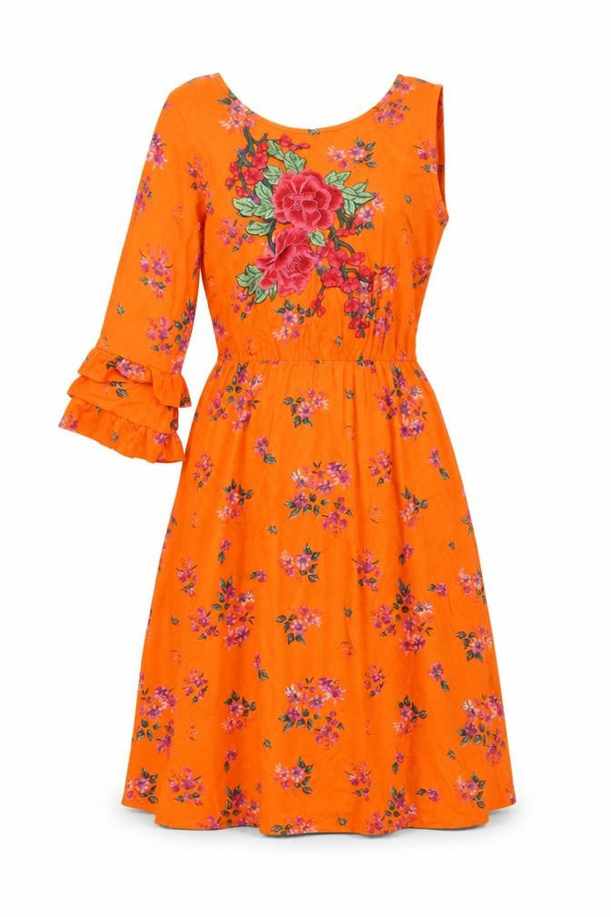 ASOS Womens Orange Floral Viscose A-Line Size 10 One Shoulder Pullover - One Sleeve