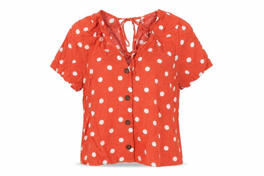 Front view of Warehouse women’s orange polka dot viscose basic button-up, size UK 8, v-neck