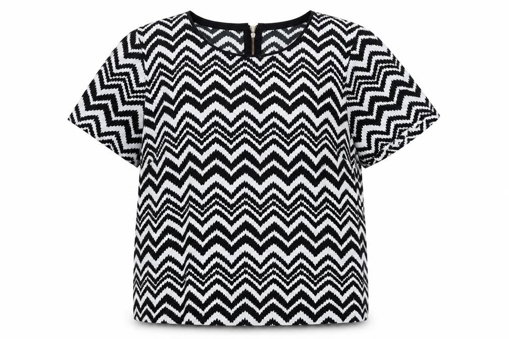 Front view of Definitions women’s black geometric polyester basic t-shirt, size UK 16, scoop neck