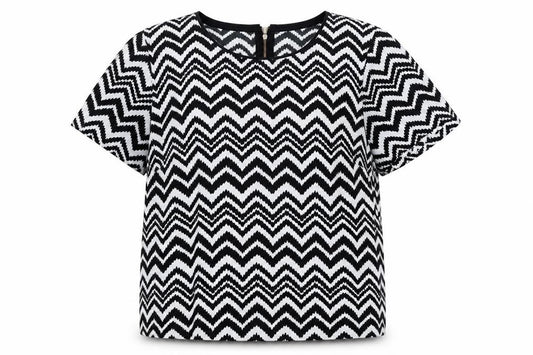 Front view of Definitions women’s black geometric polyester basic t-shirt, size UK 16, scoop neck
