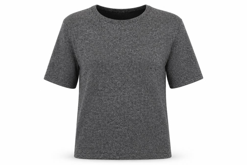 Front view of Alia women’s silver acrylic basic t-shirt, size S, round neck