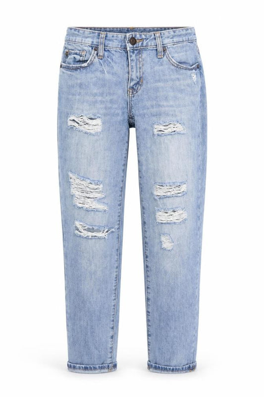 Front view of Gap women’s blue cotton boyfriend jeans, size UK 4, 28-inch leg regular button