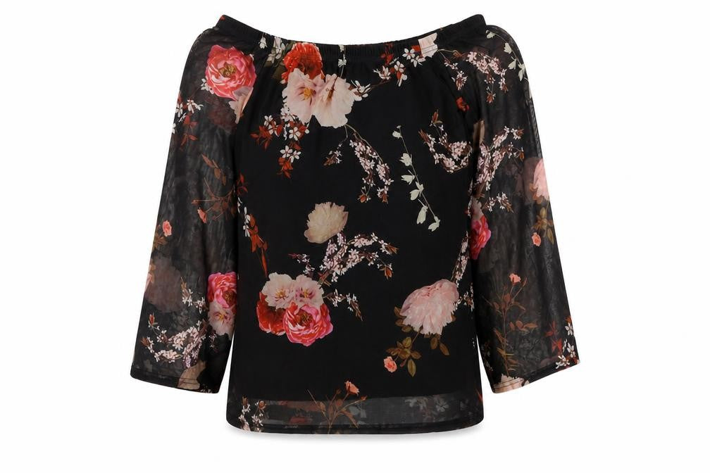Select Womens Black Floral Polyester Basic Blouse Size 10 Off the Shoulder