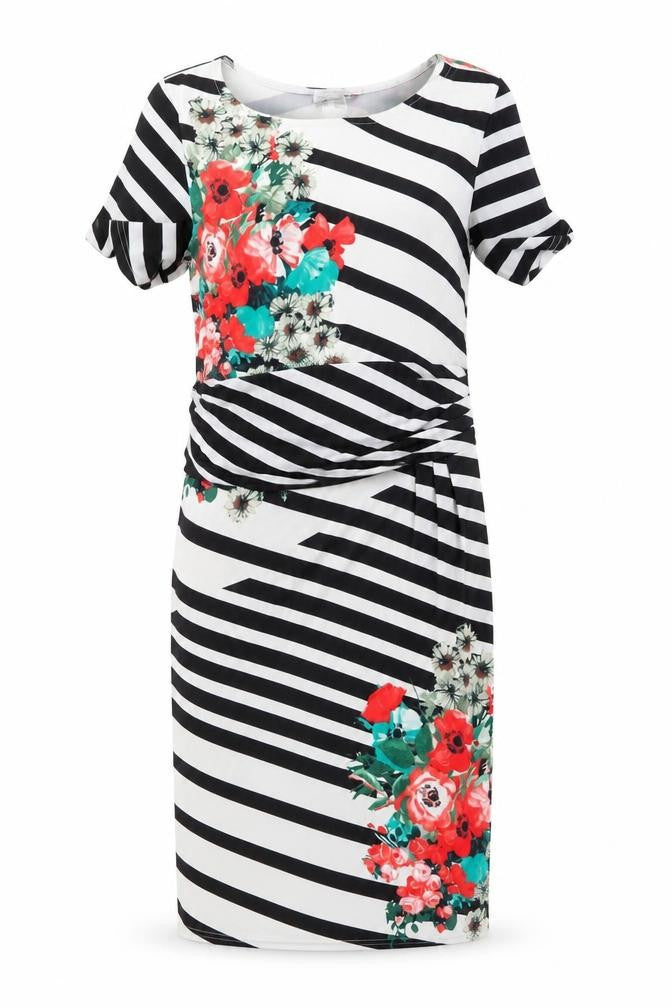 Front view of Creation women’s multicoloured striped polyester pencil dress, size UK 14, boat neck pullover