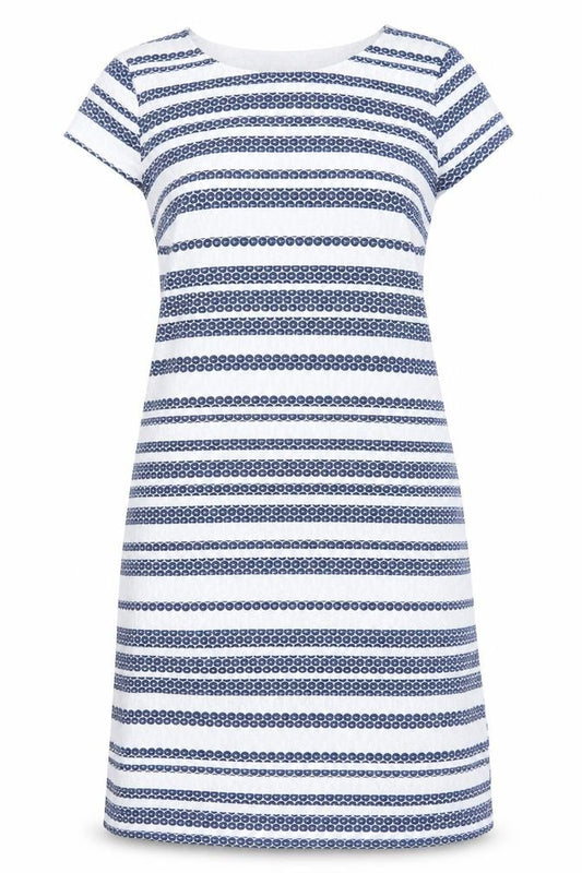 Front view of Stella women’s white striped polyester a-line, size UK 12, round neck zip