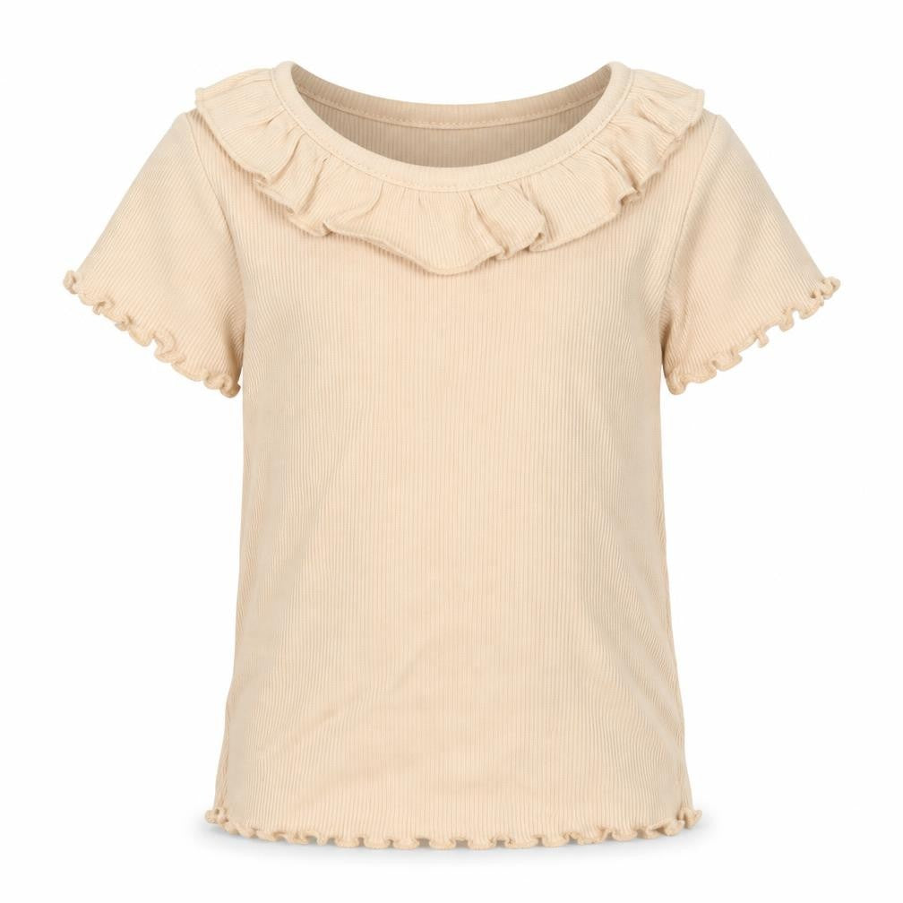 Front view of George girls’ beige cotton basic t-shirt, size 12, months round neck pullover