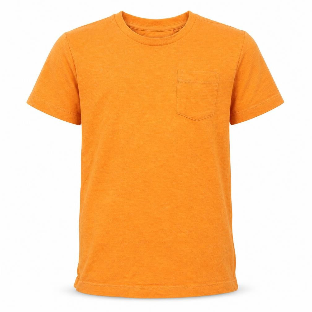 Front view of Next boys’ orange cotton basic t-shirt, size 5, years round neck pullover