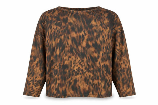 Front view of Lipsy women’s brown animal print polyester basic t-shirt, size UK 16, boat neck