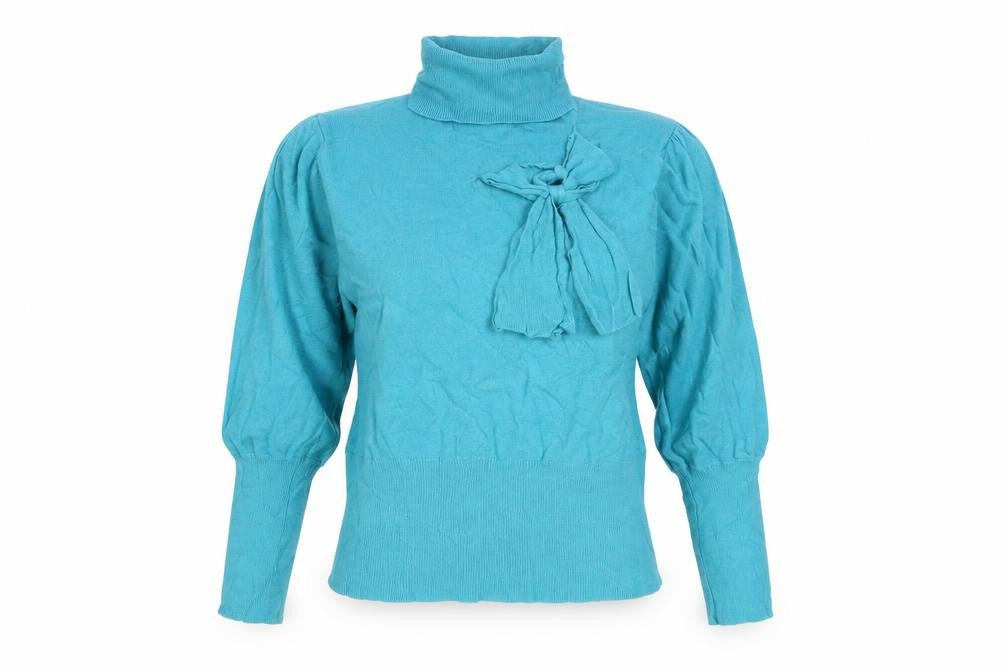 Front view of Text women’s blue roll neck viscose jumper, size M, - ribbed