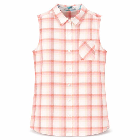 Front view of prAna women’s multicoloured plaid cotton basic button-up, size M, collared