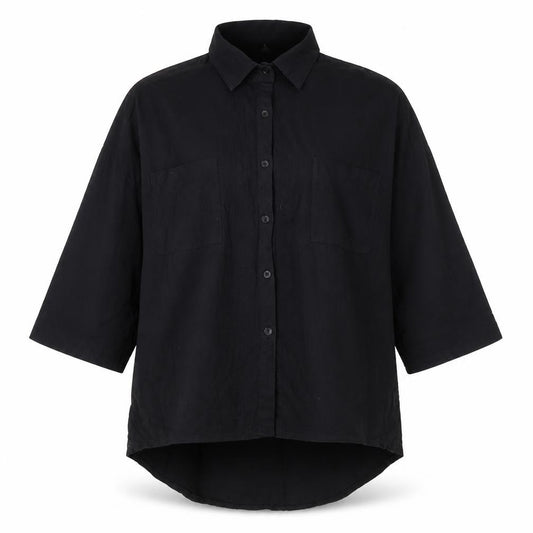 Front view of Shangyu women’s black polyester basic button-up, size UK 12, collared