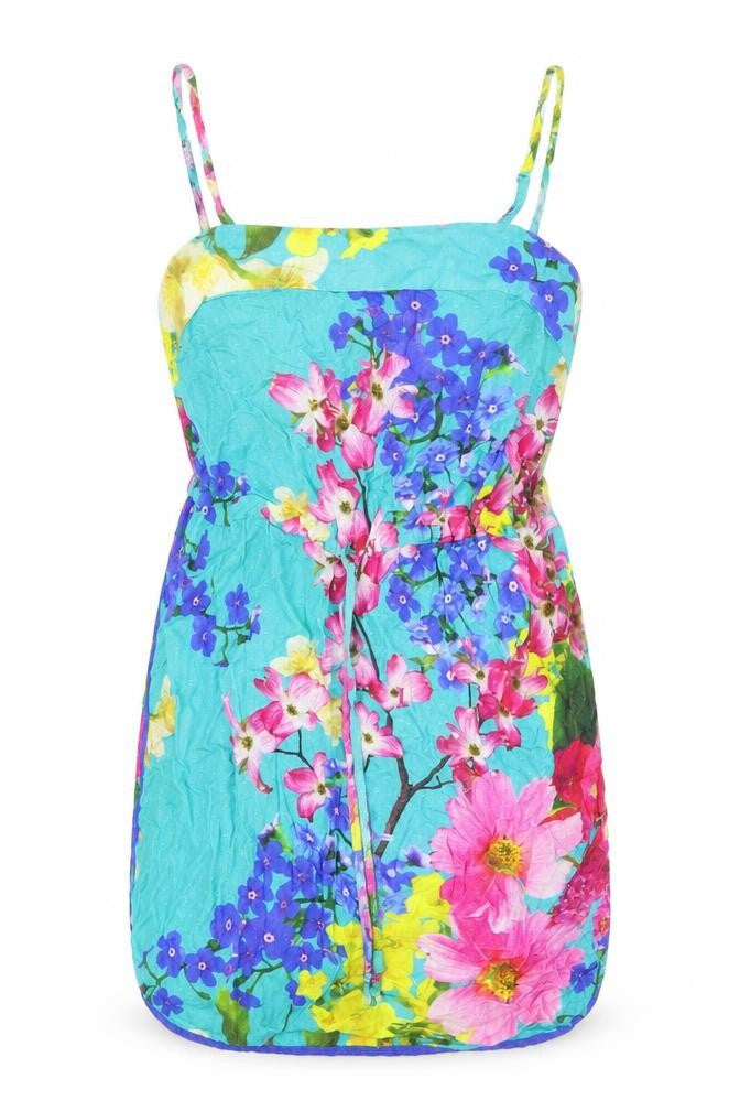 Front view of Next women’s multicoloured floral viscose mini, size UK 10, off the shoulder pullover