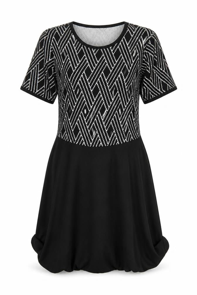 Front view of Dorothy Perkins women’s black argyle/diamond polyester fit & flare, size UK 8, round neck pullover