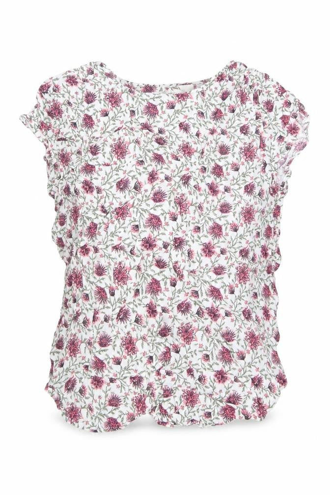 Front view of H&M women’s multicoloured floral viscose basic blouse, size UK 8, scoop neck