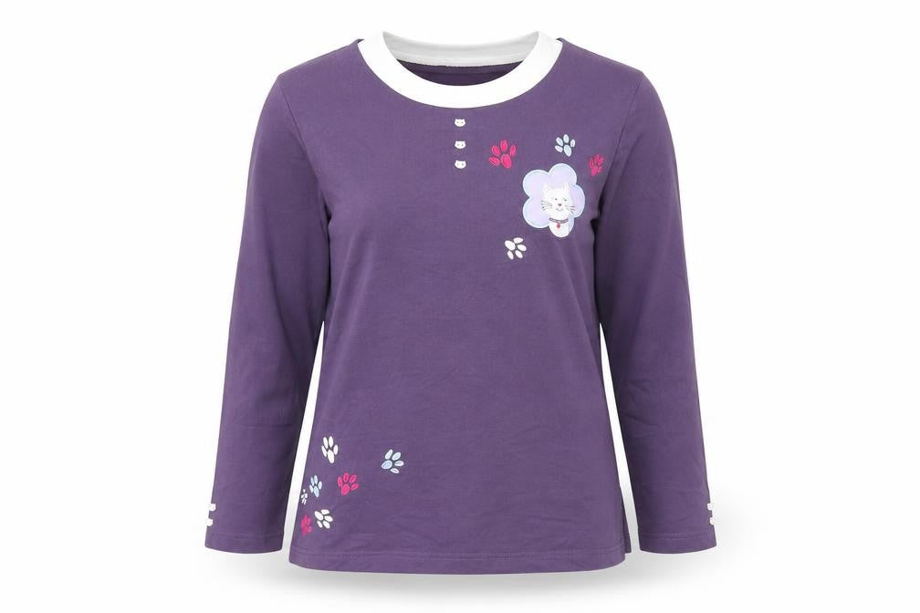Front view of Damart women’s purple geometric cotton pullover sweatshirt, size S, pullover - cat print