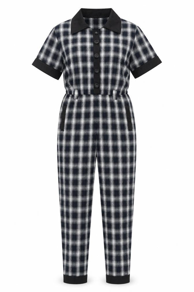 Front view of Chelsint women’s blue plaid 100% cotton jumpsuit one-piece, size XS, button