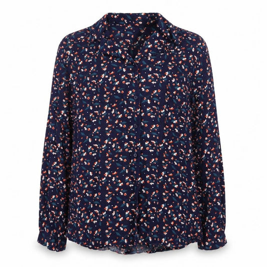 Front view of Preworn women’s blue floral viscose basic button-up, size M, collared